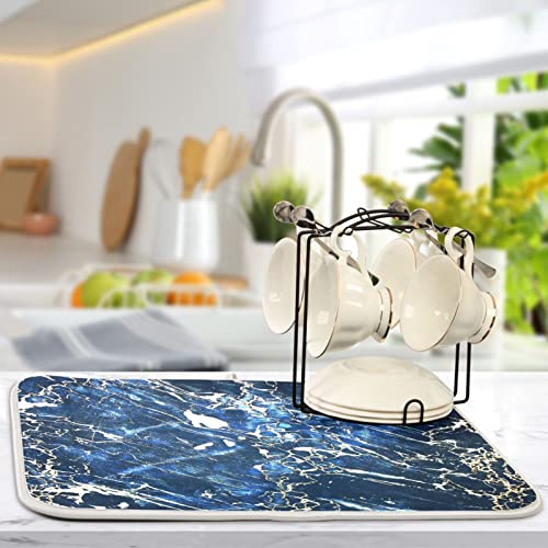 Super Absorbent Dish Drying Mat (Marble Black Navy Blue / 18" x 24")