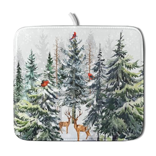 Pine Tree Dish Drying Mat for Kitchen Counter 16x18 Inch Forest Deer Absorbent Dishes Drainer Mats Reversible Microfiber Quick Dry Rack Pad (Pine Tree Deer / 16" x 18")