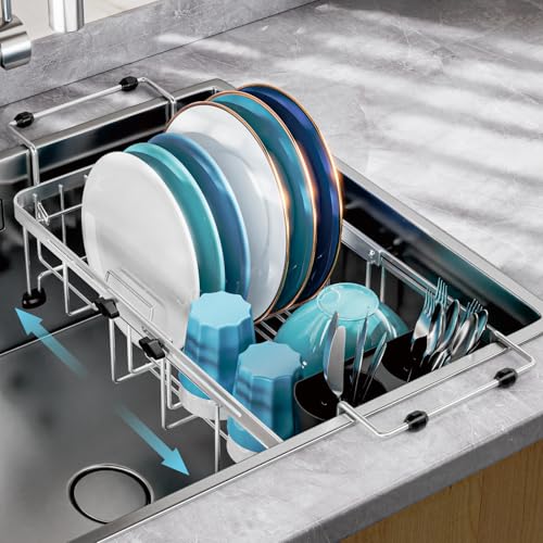 Small Over the Sink Dish Drying Rack (Silver / For 10"-30"W Sink, Expandable | 9"W Rack)