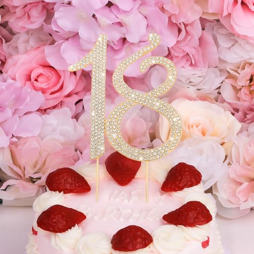 Gold 18th Birthday Cake Topper Rhinestones Cake Decorations for 18th Birthday Party (18th- Gold)