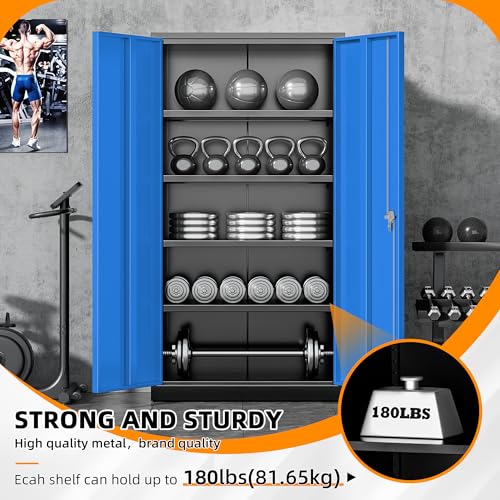 Metal Storage Cabinets 72” Black Blue Garage Steel Storage Cabinet with Doors and Shelves (Black Blue / 72")
