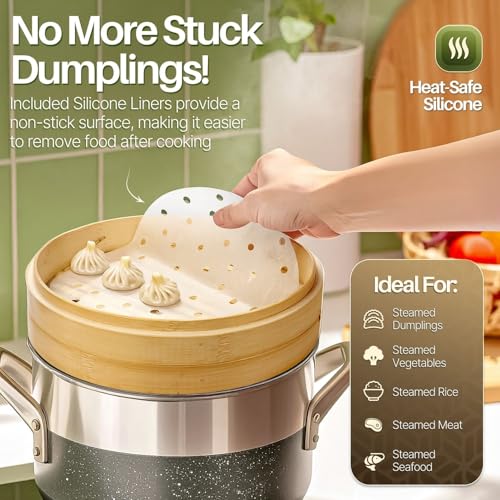 10 Inch Bamboo Steamer Basket Set for Dumplings and Dim Sum