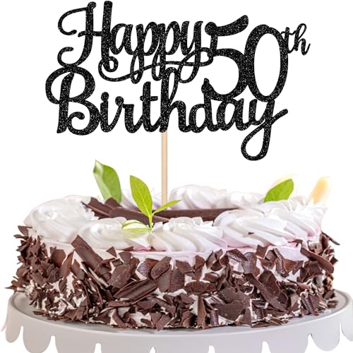 1 PCS Happy 50th Birthday Cake Topper Glitter Cheers to 50 Years Birthday Cake Pick 50 Fabulous Cake Decoration for Happy 50th Birthday Anniversary Party Decorations Supplies Black (Black / 50th)