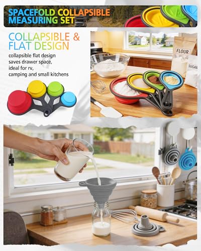 Collapsible Measuring Cups and Spoons Set with Funnel (Blue)