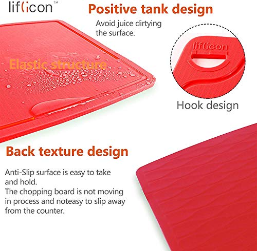 Silicone Thick Cutting Boards Mats Set of 3pcs Foldable & Flexible Design Juice Grooves Easy Grip Handle Dishwasher Safe for Kitchen (9.1"L x 7.1"W, 12.6"L x 9.1"W & 14.6"L x 10.4"W / Red)
