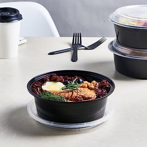 32 oz 150 ct Round Meal Prep Containers with Lids Plastic Food Storage Lunch Plan To Go Box Disposable Take Out Bowls Black BPA Free Reusable Durable Stackable Microwave Freezer Dishwasher Safe (32R-150)