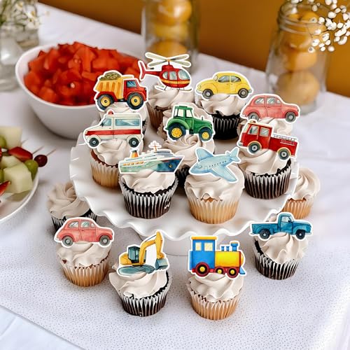 48Pcs Edible Transportation Cupcake Toppers Edible Cute Airplane Train Vehicle Boat Tractor Cupcake Picks for Transportation Theme Baby Shower Kids Birthday Party Decorations (Transportation)