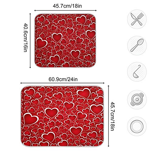 Valentines Day Red Hearts Dish Drying Mat for Kitchen Counter Absorbent Microfiber Large Drying Pad Dish mats for Kitchen Countertops 18 x 24 Inch (Red Hearts / 18" x 24")