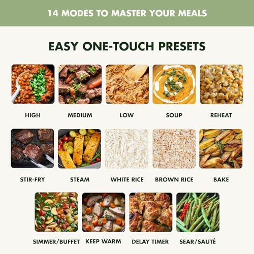 Elite 14-in-1 Nonstick 6QT Electric Slow Cooker, PFAS-Free Ceramic Multi-Cooker, In-Pot Browning, Dishwasher Safe Lid & Removable Crock, Stainless Steel Steamer, Silicone Handles, Sage Green (6 Quarts / Sage Green)