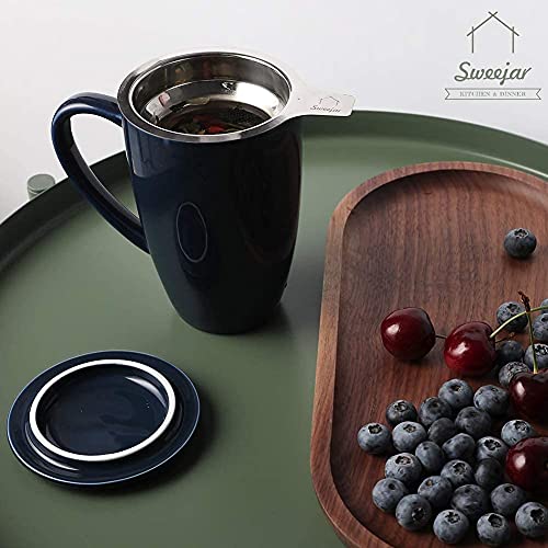 Sweejar Porcelain Tea Infuser Cup with Lid (Navy / Tea Cup(16 Fl Oz))