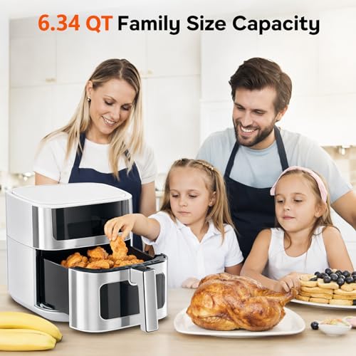 8-in-1 Air Fryer 6.34 Qt, Digital Preset Airfryer with Visible Window, Nonstick and Dishwasher-Safe Basket, Air Fry, Chicken, Pizza, Dehydrate, Fries, 90-Min Timer, 1700W, White (White-6.34Qt / 6.34 Qt)