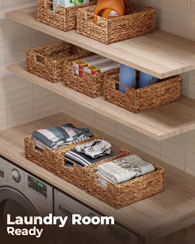 Woven Water Hyacinth Storage Baskets with Handles (Brown / Rectangular Basket_Pack 6)