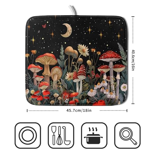 Black Mushroom Dish Drying Mat for Kitchen Counter Leaves Botanical Microfiber Dish Rack Mat Drainer Pad Washable Absorbent Dry Mat 16x18 Inch (Black Mushroom / 16" x 18")