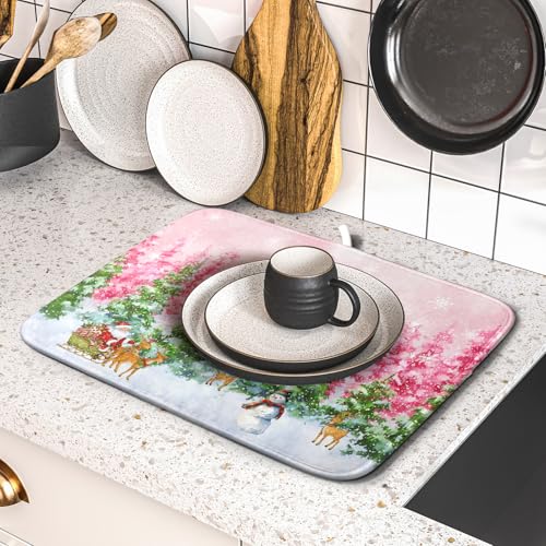 Pink Christmas Dish Drying Mat for Kitchen Counter Absorbent Dish Dry Pad (Winter Forest Colorful / 18" x 16")
