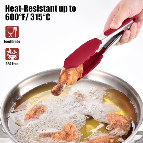 Kitchen Tongs with Silicone Tips for Cooking Serving (7in / Red)