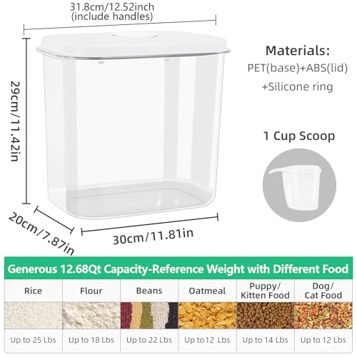 Airtight Rice Container 25 Lbs with Handle and Cup (12.68Qt-Rectangle)