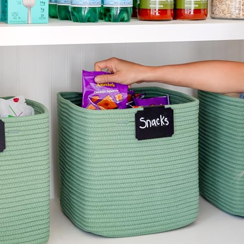 Storage Cubes 11 Inch Cotton Rope Woven Baskets for Organizing (Green)