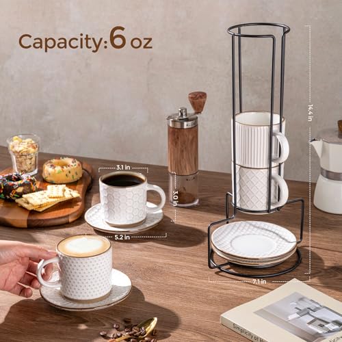 6 OZ Coffee Mugs with Saucer and Stand (Off-White / 6 Ounce (With Stand))
