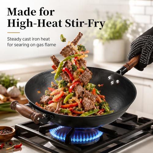12.6 Inch Round Bottom Cast Iron Wok with Glass Lid (12.6 Inch Round Bottom)