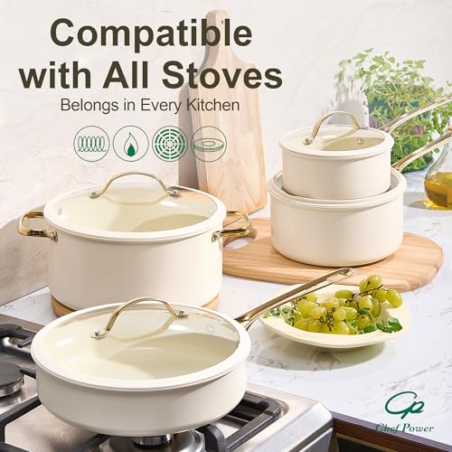 Ceramic Cookware Sets (Cream White / 10 Pcs Set)