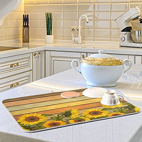 Super Absorbent Dish Drying Mat (Sunflower On Wooden Board Vintage / 18" x 24")