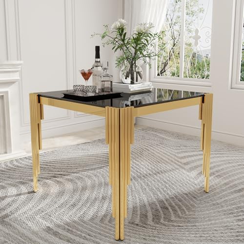 35'' Modern Square Glass Dining Table for 4 People (Gold-black / Square-35.43" L x 35.43" W x 29.53" H)