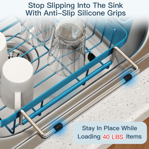 Blue Expandable Dish Drying Rack Over Sink with Extra Drying Mat (Blue / For 13"-30" W Sink with Mat)