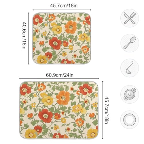 Retro Yellow Orange Flowers Dish Drying Mat for Kitchen Counter Absorbent Microfiber Drying Pad (18" x 24")