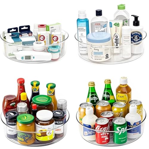 4 Pack Lazy Susan 11.5" Inch Turntable Organizer Organization Storage Container Bins Spice Rack Cabinet Rotating Condiment for Pantry Countertop Kitchen Vanity Bathroom Jewelry Holder Clear (11.5 inch)