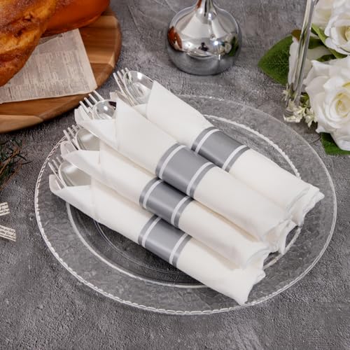 400PCS Silver Wrapped Silverware Set Disposable Hammered for Wedding (Silver - Hammered)