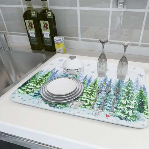 Winter Bear Bird Dish Drying Mat (Forest Bear Bird / 24" x 18")