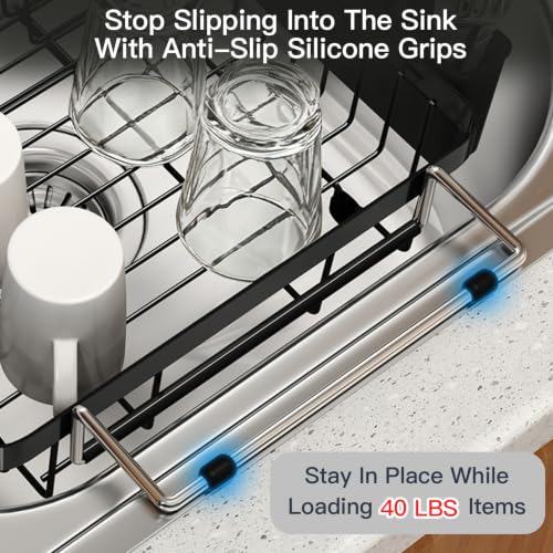 Expandable Dish Drying Rack Over Sink with Extra Drying Mat (Black / For 13"-30" W Sink with Mat)