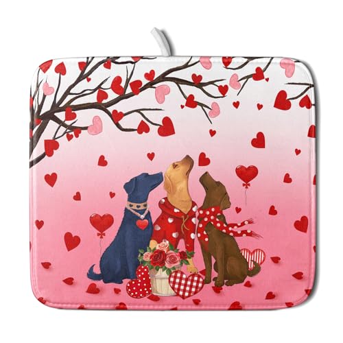 Love Dog Dish Drying Mat 16"x18" Red Heart Microfiber Dish Drainer Mat Hanging Loop Absorbent Fast Dry Pad Kitchen Counter Bar Accessories (Love Dogs / 16" x 18")