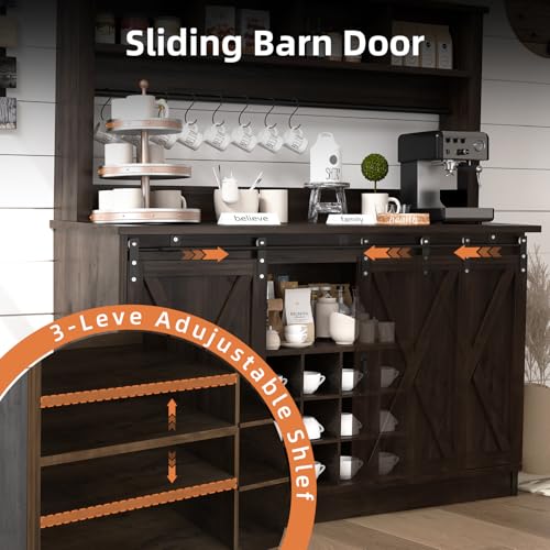 55” Farmhouse Coffee Bar with 4 Tier Storage Hutch (55.1Inch / Dark Oak)
