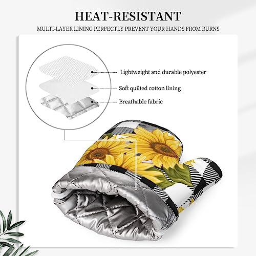 Sunflower Black White Buffalo Plaid Oven Mitts and Pot Holders Sets Silicone Yellow Floral Lumberjack Check Kitchen Mitts Potholders Heat Resistant 4Pcs Oven Gloves Hot Pads for Kitchen (Sunflower Plaid)