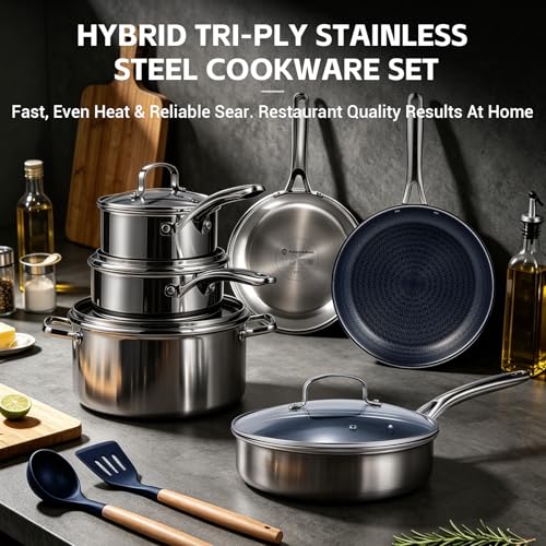 17 Pcs Pots and Pans Set Non Stick (Stainless Steel & Navy Blue)
