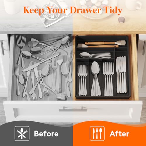 Silverware Drawer Organizer Tray (Black / 12.3 x 16 inch (6 Slots))