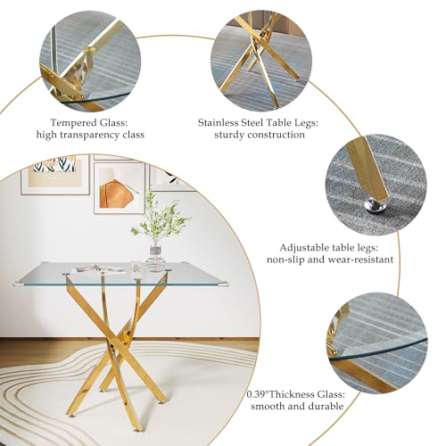 5 Piece Square Glass Dining Table Set (Square Table - 4 Gold Grey Chairs)