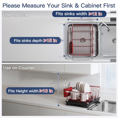 Red Dish Drying Rack in Sink with Drainboard and Utensil Holder (Red / For 12"-30"w Sink, with Drainboard)