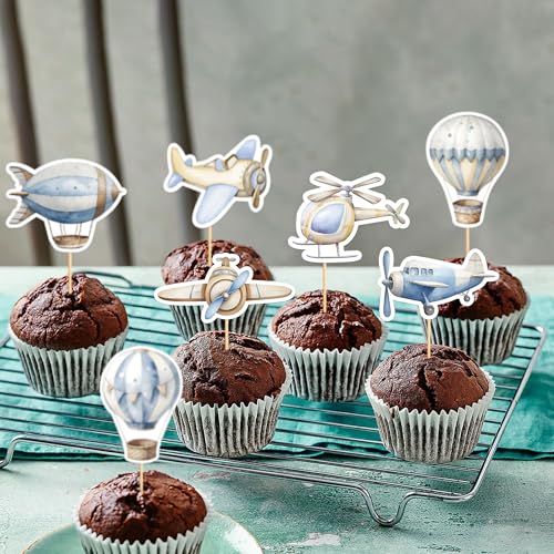 35Pcs Watercolor Blue Airplanes Cupcake Toppers Cartoon Hot Air Balloon Helicopter Cupcake Picks for Blue Boys Birthday Cupcake Decorations Airplane Baby Shower Cake Decorations (35 Count)