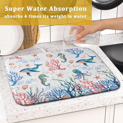 Coastal Ocean Dish Drying Mat Seahorse Whales Drainer Rack Mats 16"x18" Absorbent Microfiber Dish Drying Pad Protector for Kitchen Counter (Coral Ocean / 16" x 18")