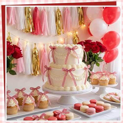 30 Pack Gingham Ribbon Bows for Cake Red Gingham Bow Cake Toppers (Red Gingham)