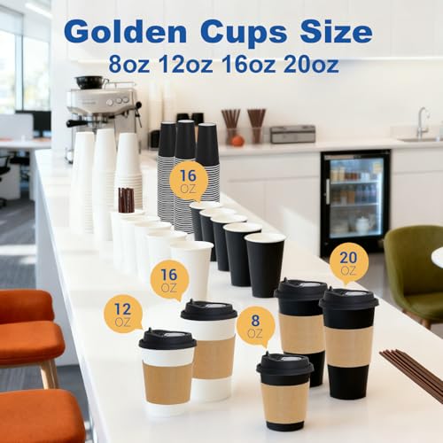 16 oz 50 Pack Coffee Cups with Lids and Sleeves (Black- 50packs / 16 oz)