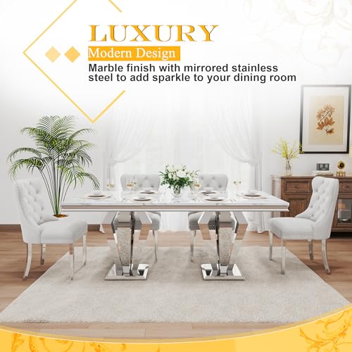 7 Piece Luxury Dining Room Set (Silver White + White / Dining Table + 6 Velvet Chair)