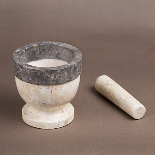 Handcrafted Mortar and Pestle Solid Marble Grinder for Spices and Herbs Artisan Carved from Yushan Marble Elegant and Durable for Everyday Cooking (Beige and Charcoal / 5.9" Diam. x 5.9" H)