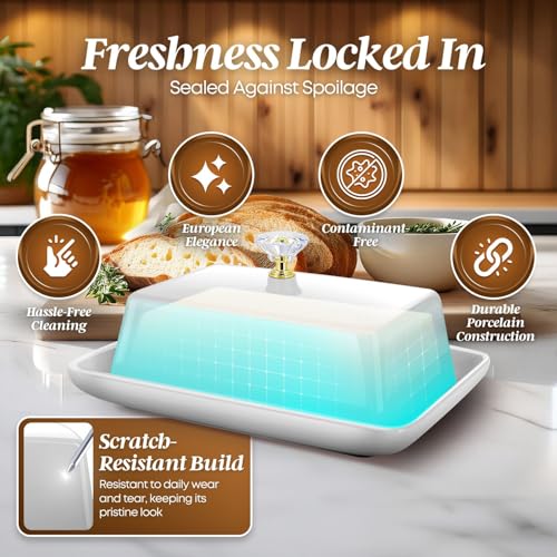 Extra Large Ceramic Butter Dish with Lid & Crystal Handle (White – Crystal Handle / Extra Large)
