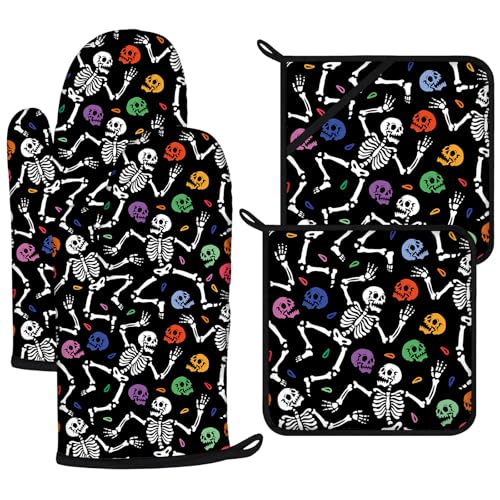Colorful Skull Oven Mitts and Pot Holders Sets 4Pcs (Colorful Skull)