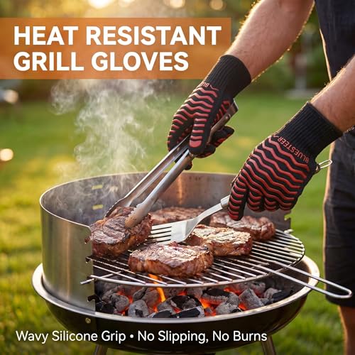 BBQ Gloves 1472°F Heat Resistant Oven Gloves with Fingers (Black-red / One Size Fits Most)
