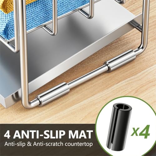 Silver 2 Tier Kitchen Sink Caddy Organzier Rack with Flexible Dish Brush Holder (Silver / Medium)