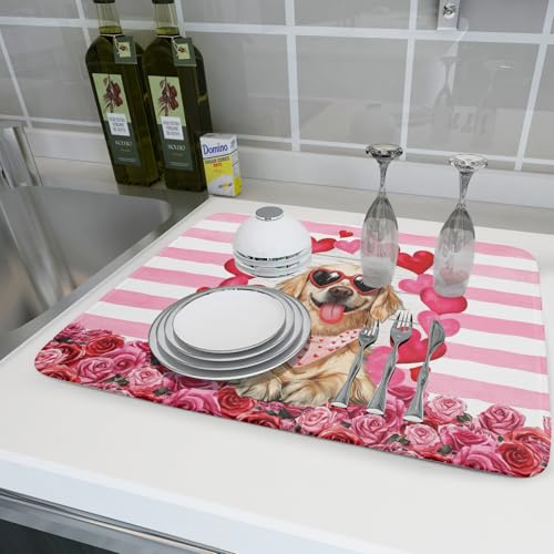 Valentine's Day Dog Dish Drying Mat for Kitchen Counter 18x24 inch Heart Rose Absorbent Dish Drainer Rack Mats for Coffee Bar Countertop (Heart Rose Dog / 24" x 18")